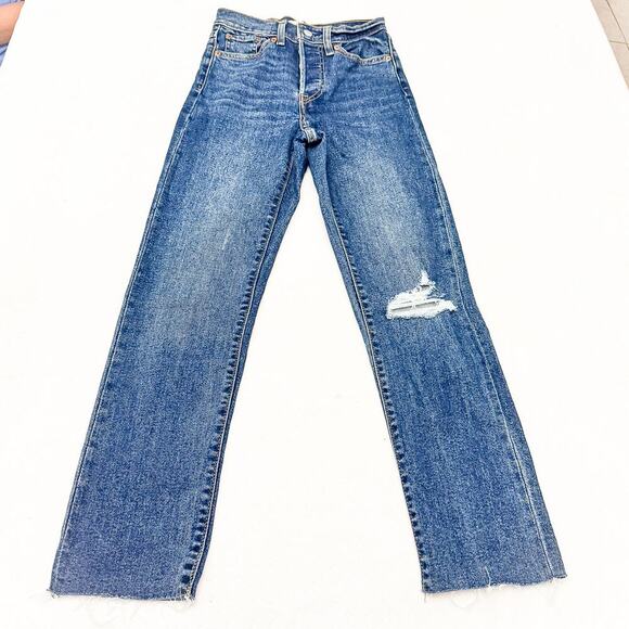 Levi's Wedgie Straight Dark Wash Button Fly Denim Jeans Raw Hem Size 24 - Picture 2 of 9